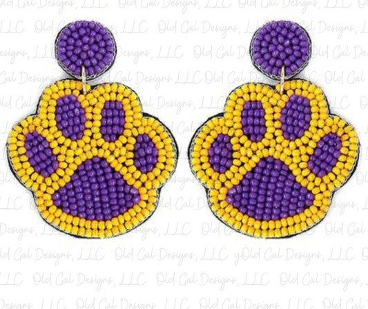 Purple & Gold Paw Seed Bead Earrings