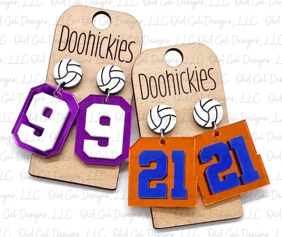 2" Layered Varsity Number Volleyball Dangles - Sports Earrings