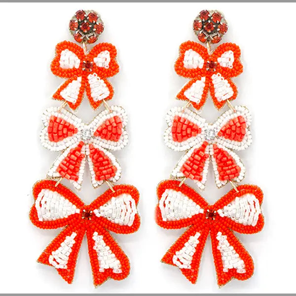 Orange and White Bow Seed Bead Earrings