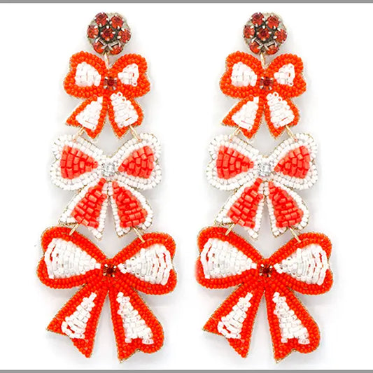 Orange and White Bow Seed Bead Earrings