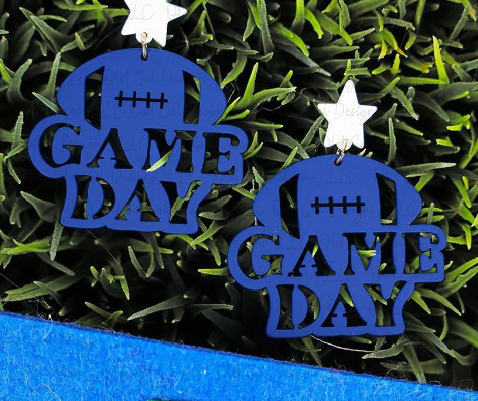 Cut-Out Game Day Royal Blue and White Football Earrings