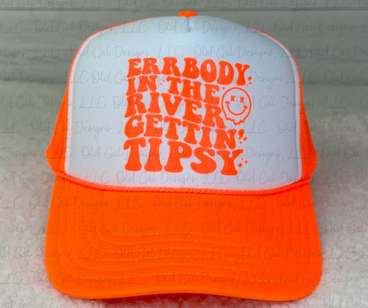 Errbody In The River Gettin' Tipsy Foam Trucker Hat (Neon Orange)