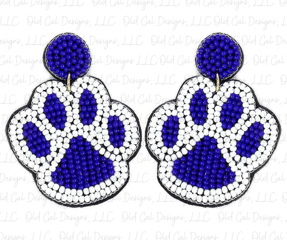 Royal Blue & White Paw Seed Bead Earrings