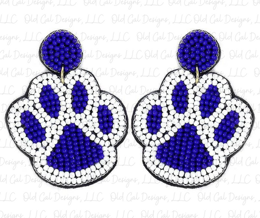 Royal Blue & White Paw Seed Bead Earrings