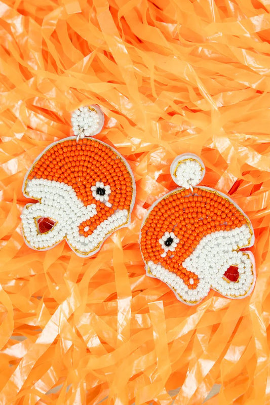 Orange and White Seed Bead Football Helmet Earrings